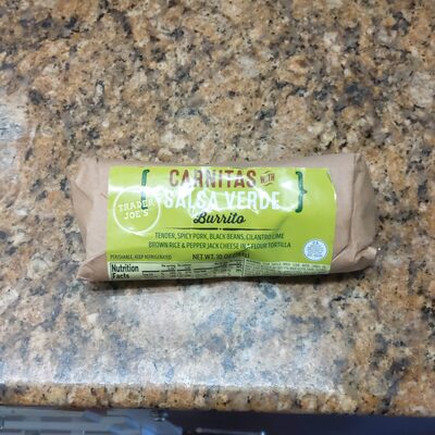 Burrito de carnitas with salsa verde by Trader Joe's