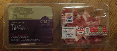 Oak smoked outdoor bred British bacon lardons by Sainsbury's