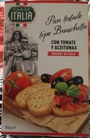 Pan tostado tipo bruschetta con tomate y aceitunas