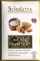 Zarbitter Schokolade mit gerösteten und gesalzenen Mandelstückchen