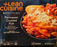 Parmesan crusted fish with pasta in a fire-roasted tomato sauce topped with cheese, parmesan crusted fish