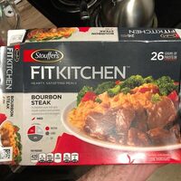 Med bourbon steak sauce with spicy chipotle mashed sweet potatoes, seasoned broccoli & red peppers, med bourbon