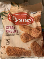 Fully cooked breaded steak fingers shaped beef patties