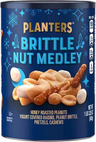 Brittle nut medley, honey roasted peanuts, yogurt flavored raisins peanut brittle, pretzels, cashews
