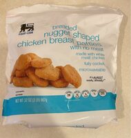Breaded nugget shaped chicken breast patties