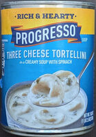 Three cheese tortellini in a creamy soup with spinach