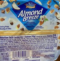 Vanilla almondmilk yogurt alternative with coconut flavored diced almonds & dark chocolate chips, vanilla