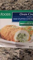 Breaded raw stuffed boneless skinless chicken breasts with rib meat