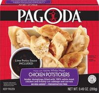 Chicken potstickers tender dumplings filled with 100% white meat chicken and freshly cut cabbage and carrots, chicken potstickers