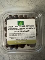 Milk chocolate covered carmalized cashew with sea salt