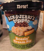 Bossin' Cream Pie Vanilla Custard Ice Cream with Cake Pieces & Pastry Cream Swirls Topped with Milk Chocolatey Ganache & Fudge Chips