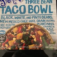Mild 3 bean & grain blend, new mexico chile sauce, peppers, onions, plantains, chard & kale taco bowl, 3 bean