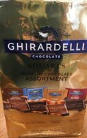 Premium chocolate assortment squares, milk chocolate fudge caramel, dark chocolate sea salt caramel, milk chocolate caramel, dark chocolate 60% cacao