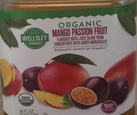Mango passion fruit flavored 100% juice blend from concentrate with added ingredients, mango passion fruit