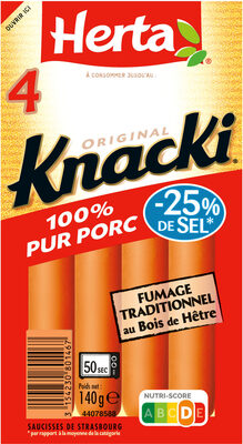 HERTA KNACKI Saucisses 100% pur porc sel réduit x4 - 140g