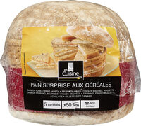 Pain Surprise aux céréales Thon & tomate mi-séchées Fromage frais & fruits secs Fromage blanc & concombre Saumons & citrons confits Fromage frais, jambon Serrano & cornichon
