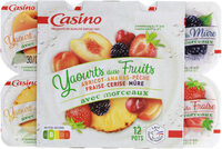 Yaourt aux fruits abricot, ananas, pêche, fraise, cerise, mûre avec morceaux