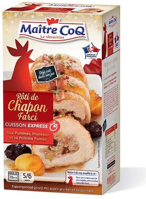 Rôti de chapon farci pommes pruneaux et poitrine fumée