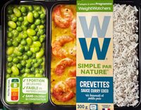 Crevettes sauce curry coco riz basmati et petits pois