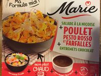 Penne au pesto rosso et poulet roti, creme au chocolat