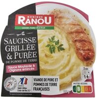 Saucisse grillée & purée de pomme de terre - sauce moutarde & oignons émincés