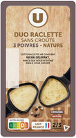 Fromage à Raclette sans croûte Duo Nature & Poivre, lait pasteurisé,27%MG, 400g