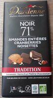Chocolat noir 71% amandes entières, cranberries, noisettes