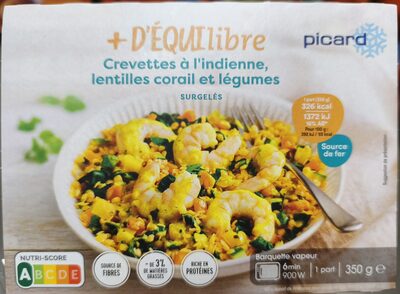 Crevettes à l'indienne, lentilles corail et légumes