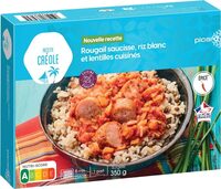 Rougail saucisse, riz blanc et lentilles cuisinés