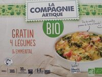 Mélange de légumes (brocoli, carotte, pomme de terre cuite et carotte jaune) cuisinés dans une sauce crémeuse à l'emmental, recouvert d'emmental, prégratiné, surgelé issu de l'agriculture biologique.