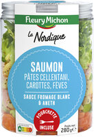 SALAD JAR - La Nordique - Saumon, pâtes cellentani, carottes, fèves, sauce au fromage blanc et aneth