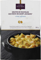 Gratin de ravioles aux noix de Saint-Jacques, crème safranée