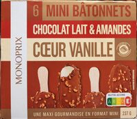 Mini bâtonnets chocolat lait & amandes coeur vanille