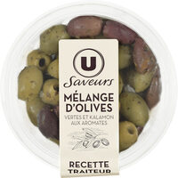 Mélanges d'olives vertes et kalamon aux arômates 150g