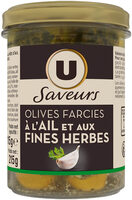 Olives vertes farcies à la pate d'ail complétées de fines herbes