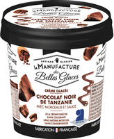 Crème glacée au chocolat noir de Tanzanie avec morceaux de chocolat et sauce au chocolat