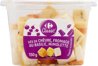 Dés de chèvre, fromage au basilic, mimolette