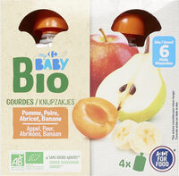Gourdes pomme, poire, abricot, banane