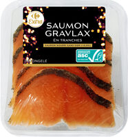 SAUMON GRAVLAX En tranches Saumon nourri sans OGM (<0,9%) Saumon Atlantique ASC mariné (Gravlax) décongelé, élevé en Norvège.