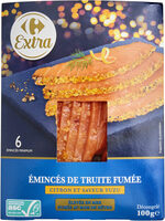 Émincés de Truite Fumée Citron et saveur yuzu Élevée en mer Fumée au bois de hêtre Fumé en France Élevée hors France: voir origine au dos Emincés de truite arc-en-ciel d'élevage, fumée au bois de hêtre, aux zestes de citron et huile aromatisée au yuzu, dé