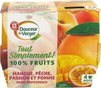 Spécialité de fruits avec morceaux mangue, pêche, passion et pomme