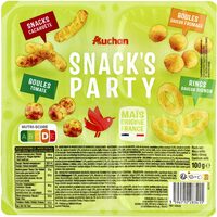 Snacks'party : rings saveur oignon, boules tomate, boules saveur fromage, snacks cacahuète