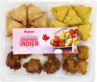 Recette d'indeassortimentindienx205 samossas legumes5 samossas poulet5 pakoras legumes5 galettes de pomme de terresauce tomate pimentee et sauce blanche