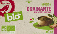 AUCHAN BIO Infusion DrainanteREINE DES PRES, FEUILLES DE FRAMBOISIER, GINGEMBRE