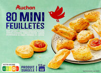 80 mini-feuilletés champignon, Saint-Jacques*, tomate-basilic, fromage, jambon-fromage, jambon, chèvre et saumon-poireau.*L'origine de la noix de Saint-Jacques est indiquée par la 1ère lettre du numér