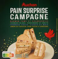 Pain de campagne surpriseSaumon fumé et cranberriesFromage blanc, concombre et anethFromage frais, figues et noixJambon cuit supérieur, crème fraîche et cornichons