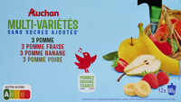 Multi-variétés sans sucres ajoutés*3 pomme, 3 pomme fraise, 3 pomme banane, 3 pomme poire*Conformément à la réglementation applicable aux purées. Contient des sucres naturellement présents dans les fr