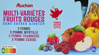 Multi-variétés fruits rouges sans sucres ajoutés**Contient des sucres naturellement présents dans les fruits3 pomme, 3 pomme myrtille, 3 pomme framboise, 3 pomme cerise