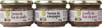 Lot 3 verrines : Terrine de campagne, confit de foie de porc, terrine de foie de volaille