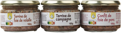 Lot 3 verrines : Terrine de campagne, confit de foie de porc, terrine de foie de volaille